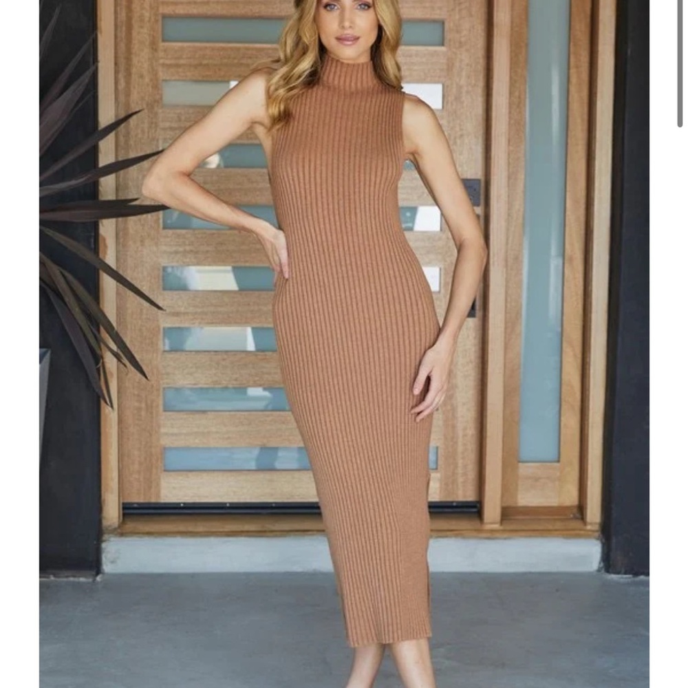 Versona Camel Mock Neck Knit Dress